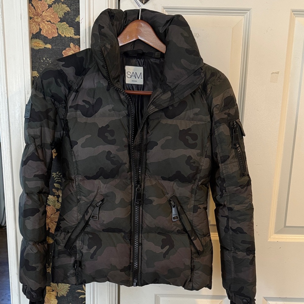 SAM. New York: Green and Black Camo Down Puffer Jacket
